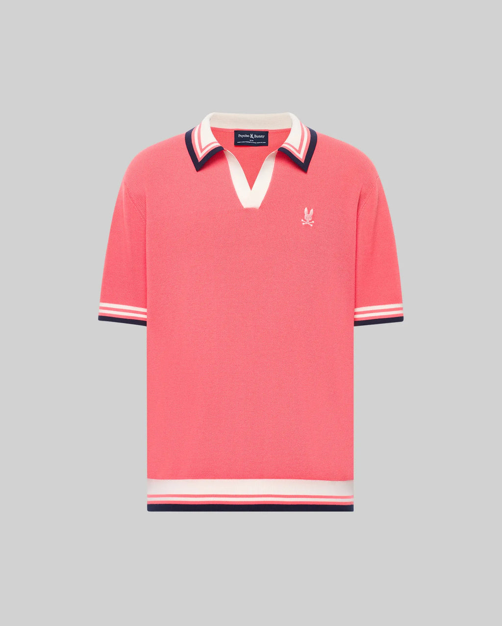 The Psycho Bunny MENS CARTER SWEATER POLO (MT0400093) is a regular fit, short-sleeved pink cotton knit polo with a Johnny collar, striped trim in white, navy, and burgundy, and a white embroidered logo on the left chest.